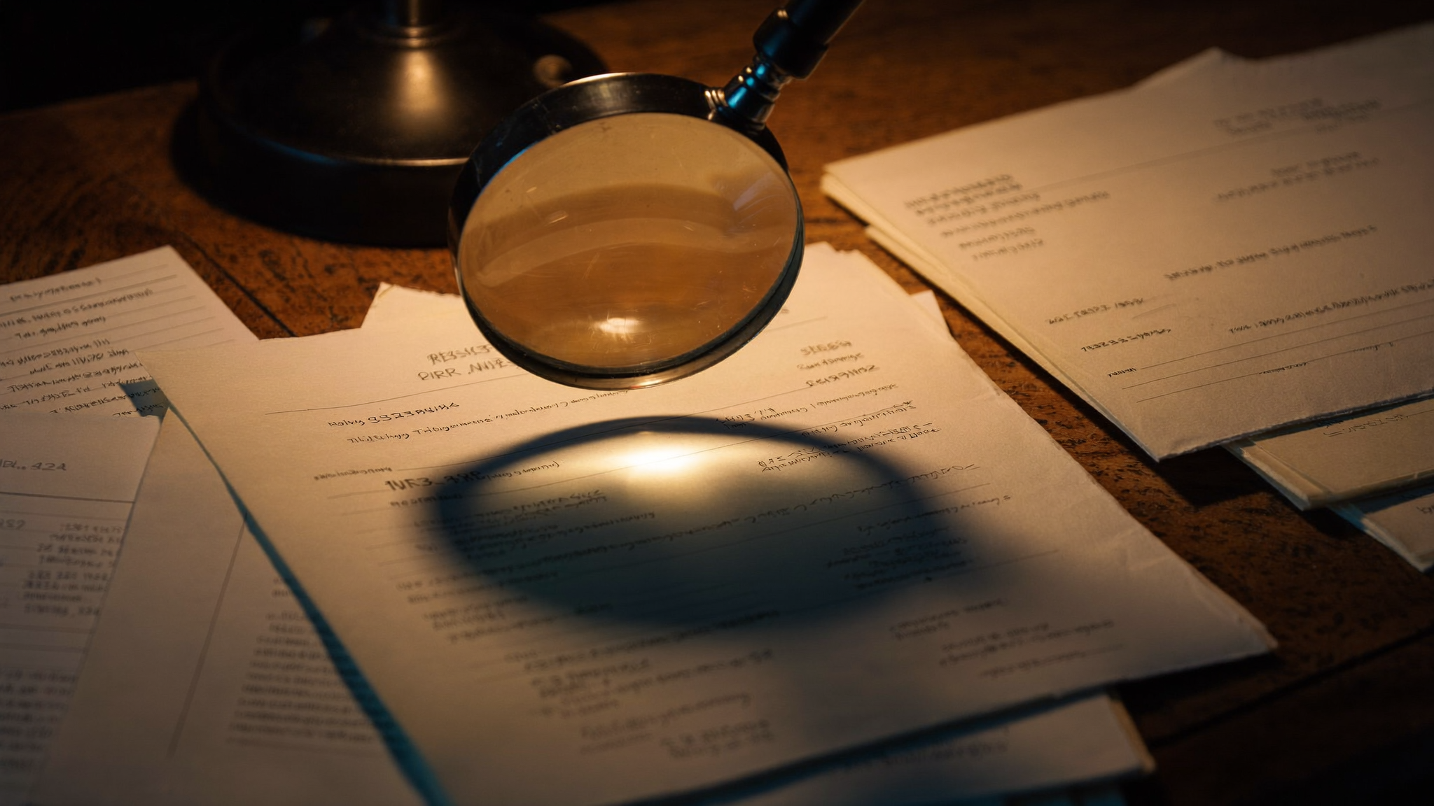 A magnifying glass over stacks of paperwork and financial records on a desk at night