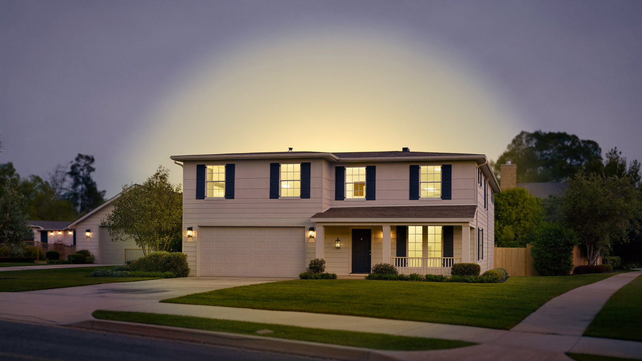 A suburban home at dusk with a soft protective glow of light surrounding it