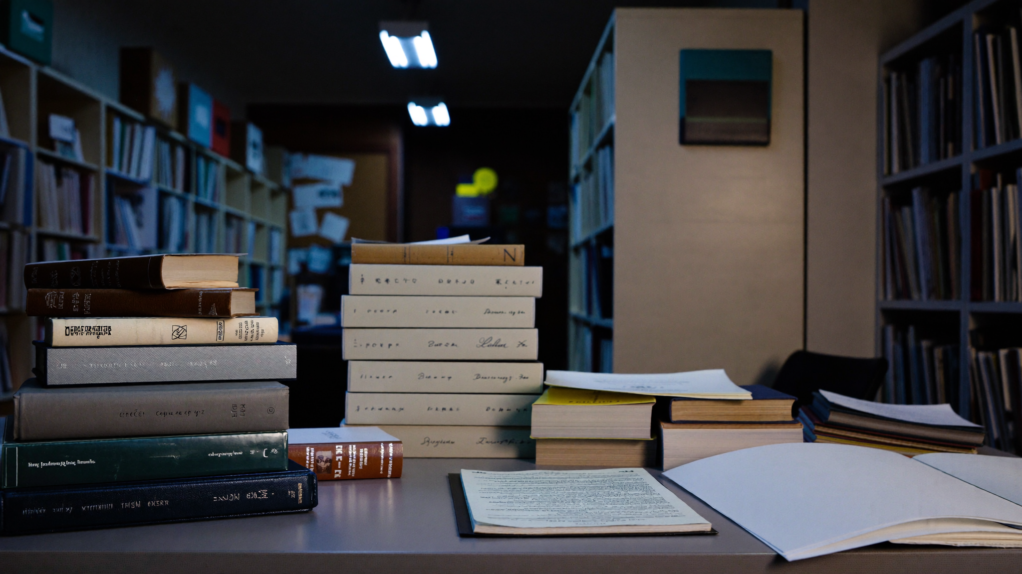 A county recorder's office filing room with stacks of property deeds under fluorescent light