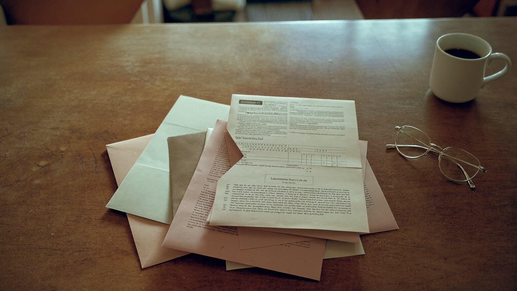 A homeowner at a kitchen table sorting through mail, with an empty space where the property tax bill should be
