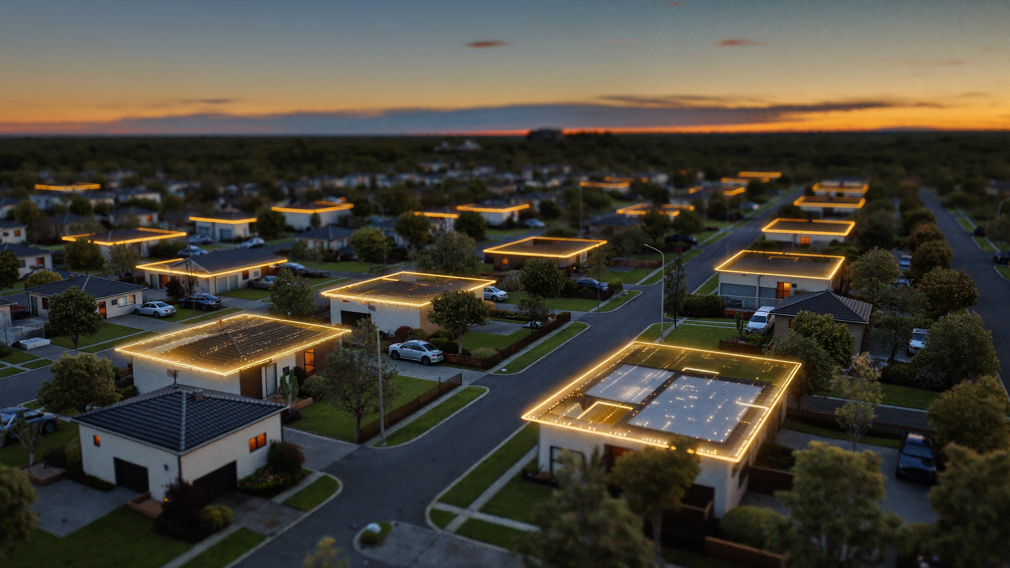 An aerial view of a quiet suburban neighborhood at dusk with a soft glowing grid of data lines tracing property boundaries