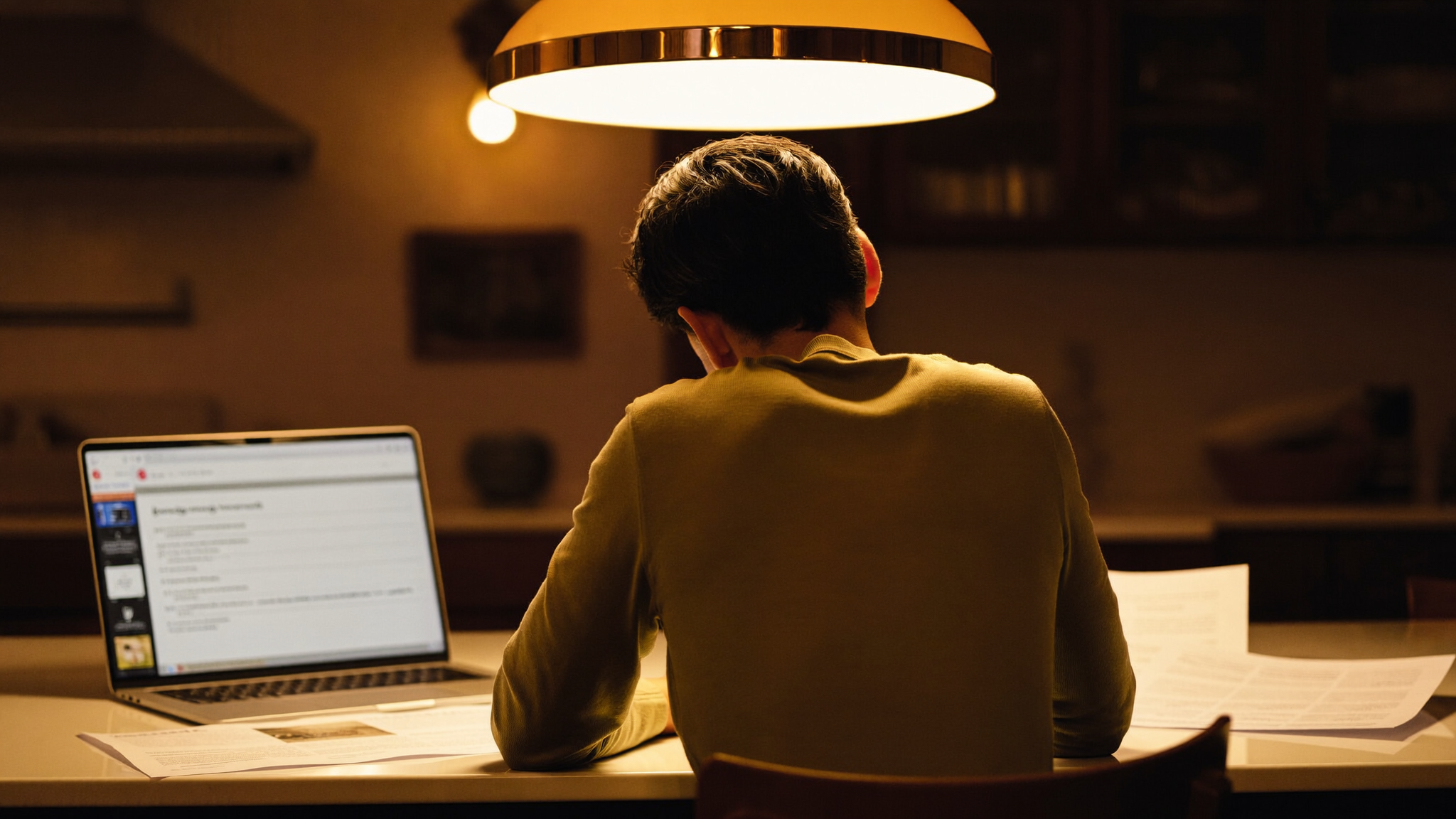 A homeowner at a kitchen table reviewing property documents on a laptop