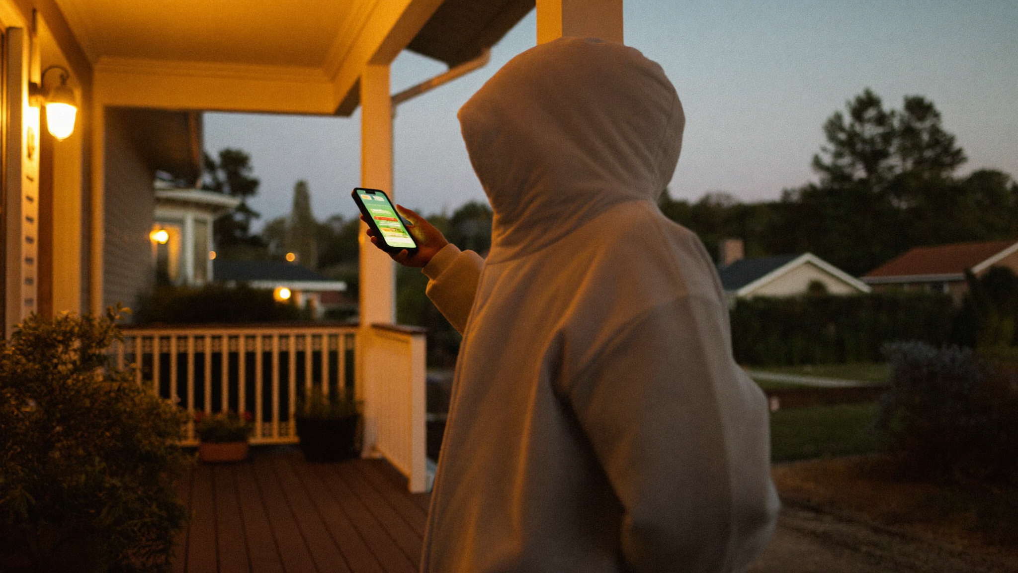 A homeowner on a front porch at dusk reading a reassuring alert on a smartphone