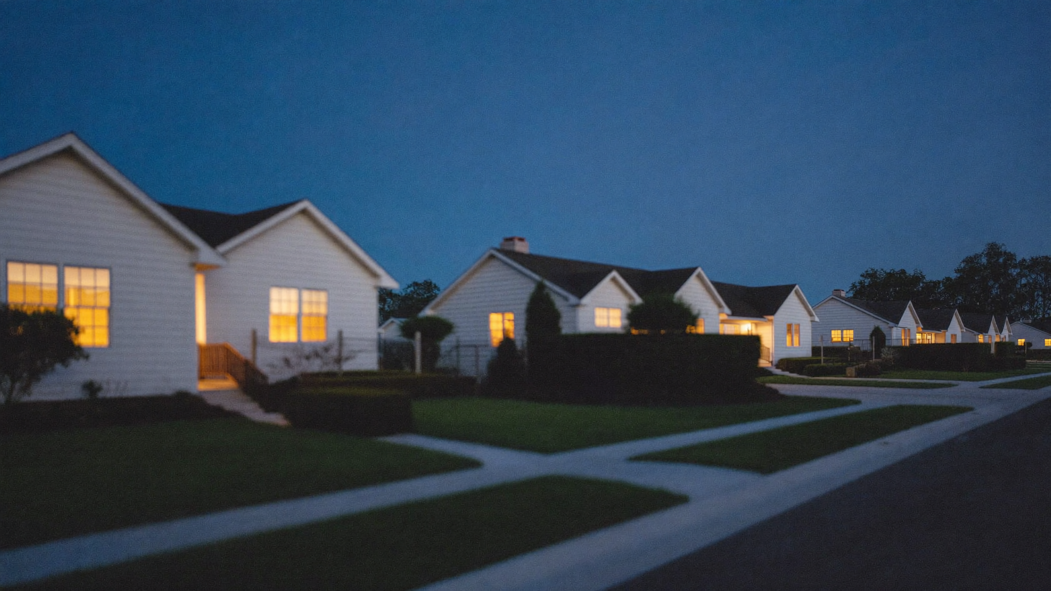 A quiet suburban neighborhood at dusk with warm lights glowing in the windows of modest homes