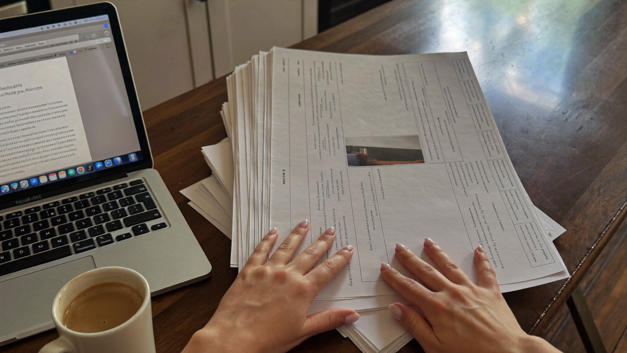 A person at a kitchen table reviewing printed property records and a laptop showing a county records search, with a cup of coffee nearby