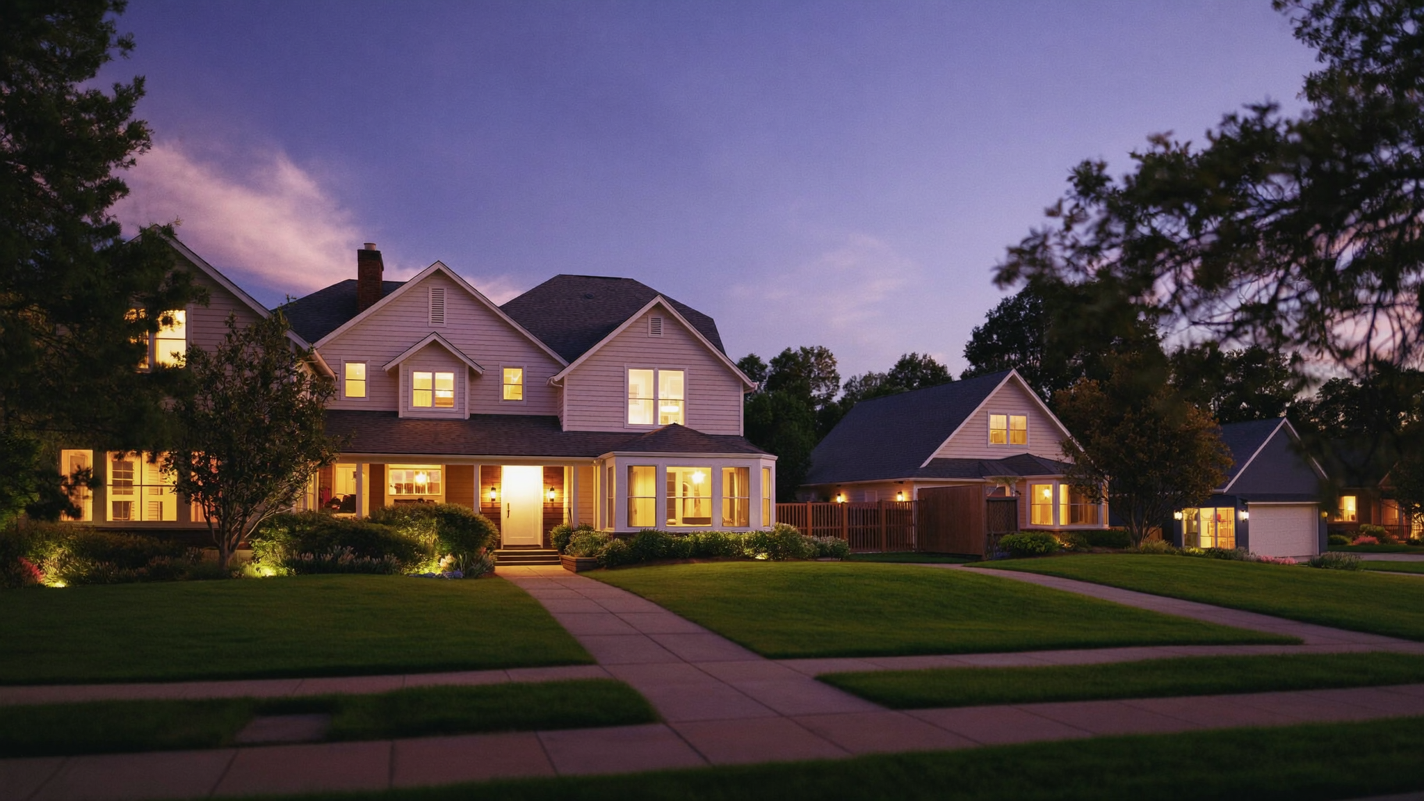 Suburban homes at dusk with soft light in the windows, suggesting quiet protection over a neighborhood