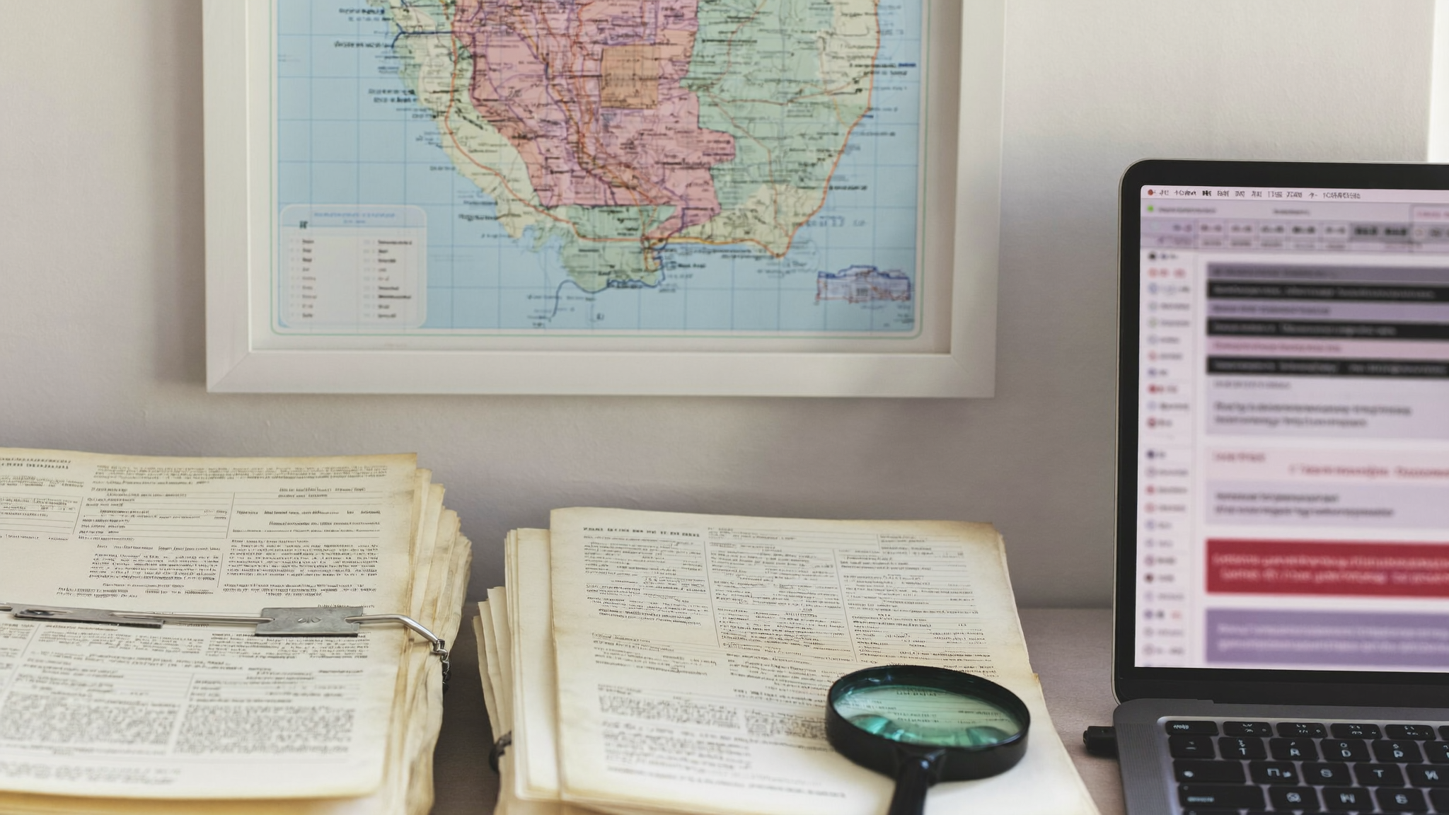A title professional reviewing recorded documents at a desk with a county map on the wall