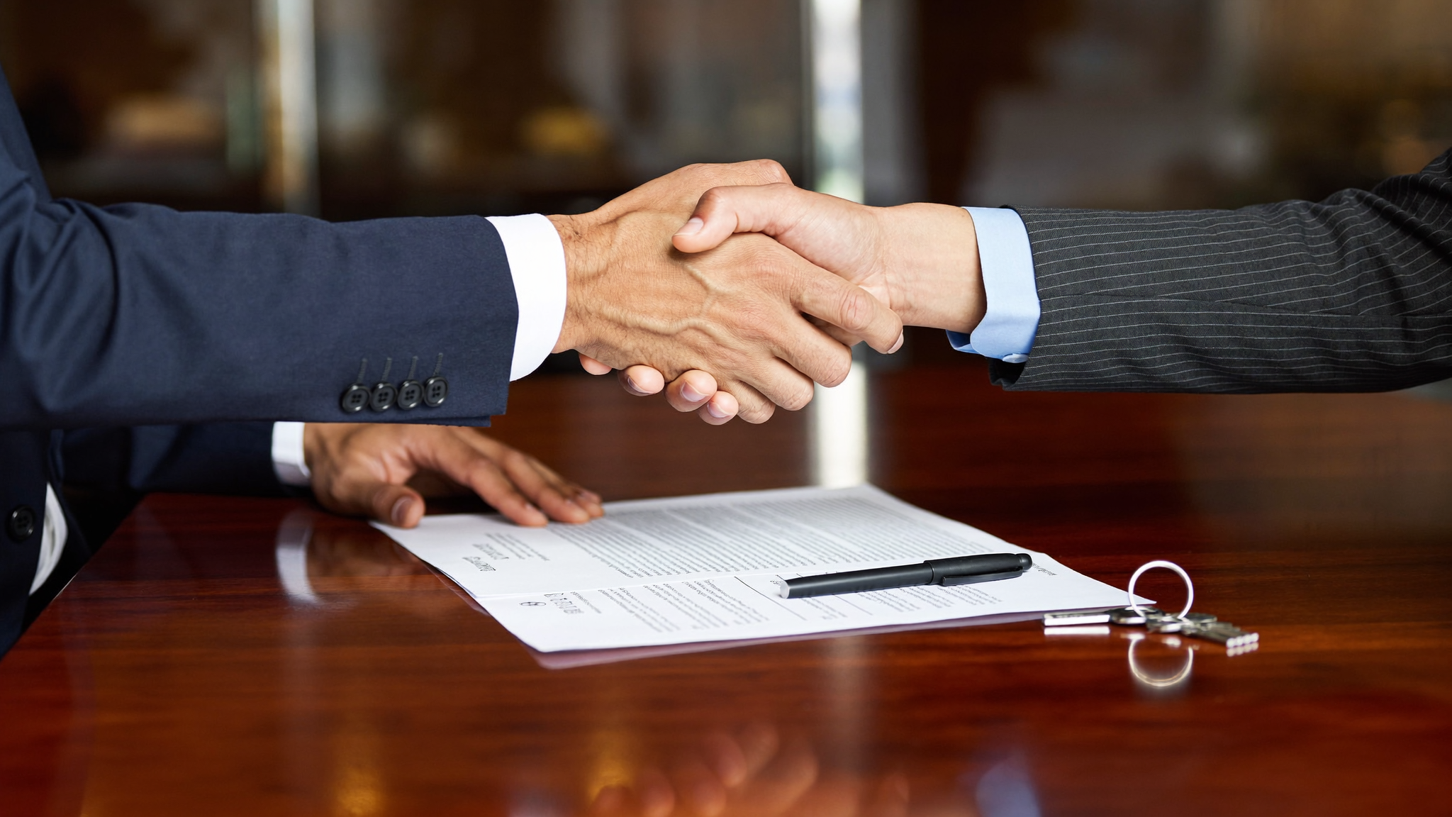 A homeowner and a closing agent shaking hands across a table with signed documents and house keys